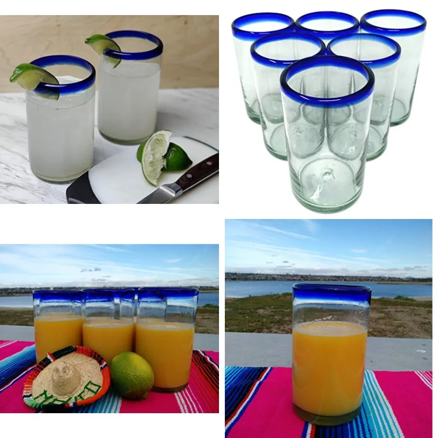 Hand Blown Mexican Drinking Glasses - Set of 6 Glasses with Cobalt Blue Rims 14 oz each
Hand Blown Mexican Drinking Glasses - Set of 6 Glasses with Cobalt Blue Rims 14 oz each