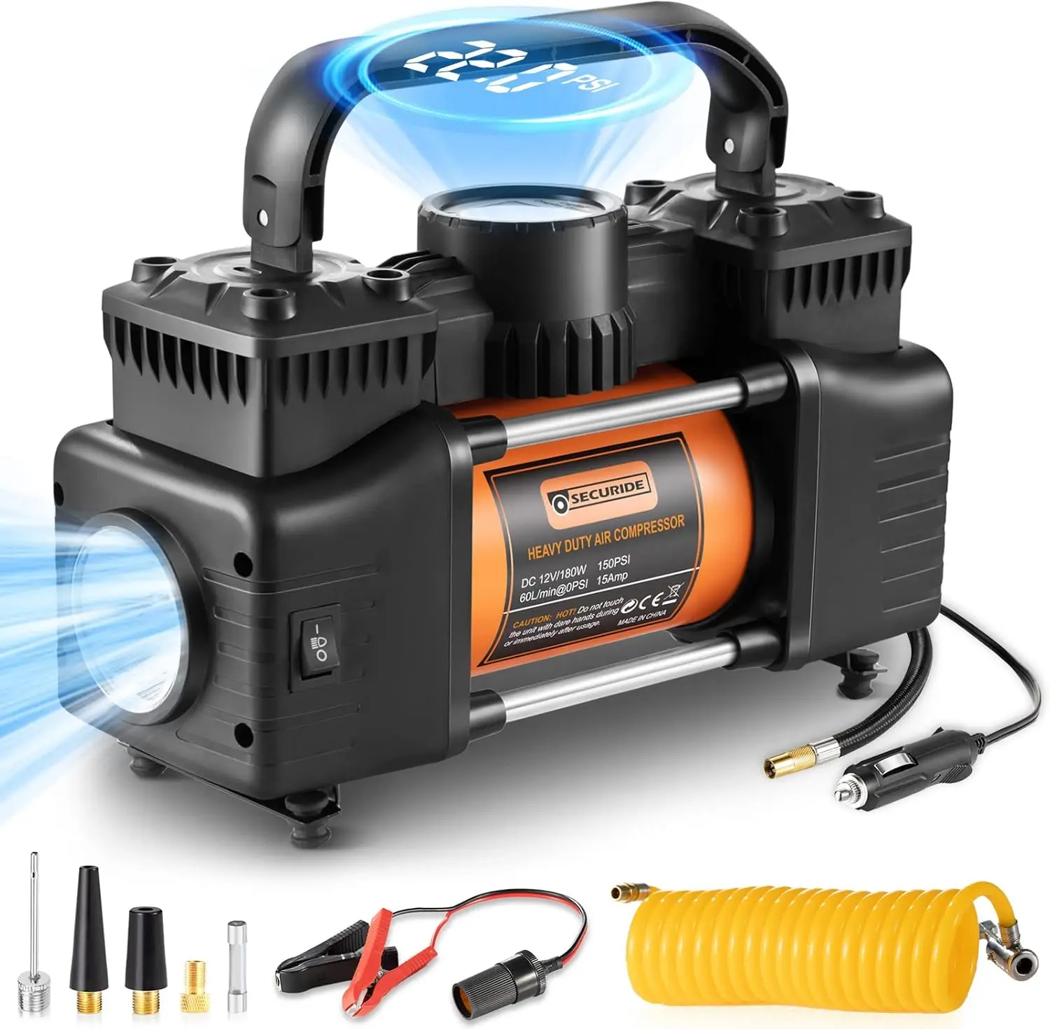 Portable 12V Tire Inflator, 2-Cylinder Air Compressor with Digital Gauge & LED Light, 150PSI for Car, Truck, SUV, RV
Portable 12V Tire Inflator, 2-Cylinder Air Compressor with Digital Gauge & LED Light, 150PSI for Car, Truck, SUV, RV