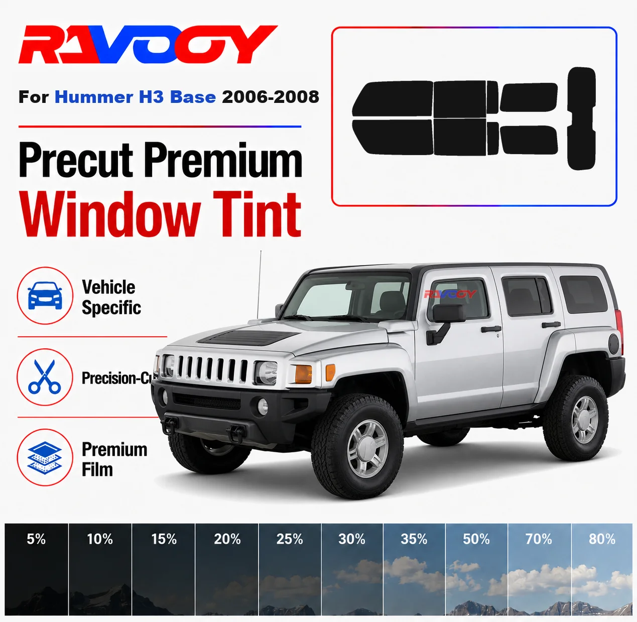 Premium Precut Window Tint Kit Front Rear Windows Rear Windshield For Hummer H3 Base 2006-2008 Complete Set Nano Ceramic Film