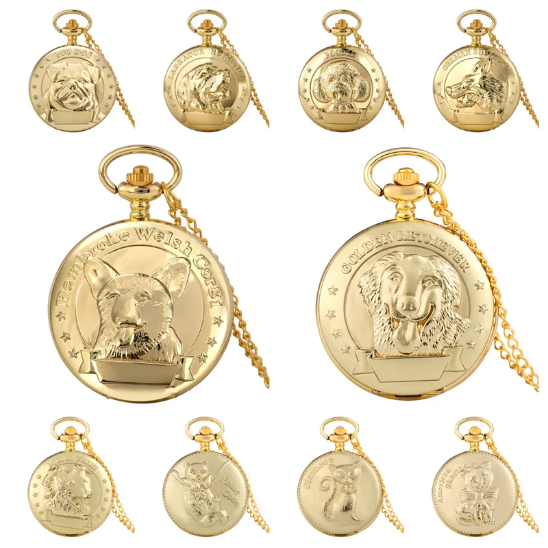 Luxury Gold Plated Animal Dog Cat Embossed Quartz Pocket Watch Necklace Chain Cute Pet Theme Pendant Gift Clock for Pet Lovers
Luxury Gold Plated Animal Dog Cat Embossed Quartz Pocket Watch Necklace Chain Cute Pet Theme Pendant Gift Clock for Pet Lovers