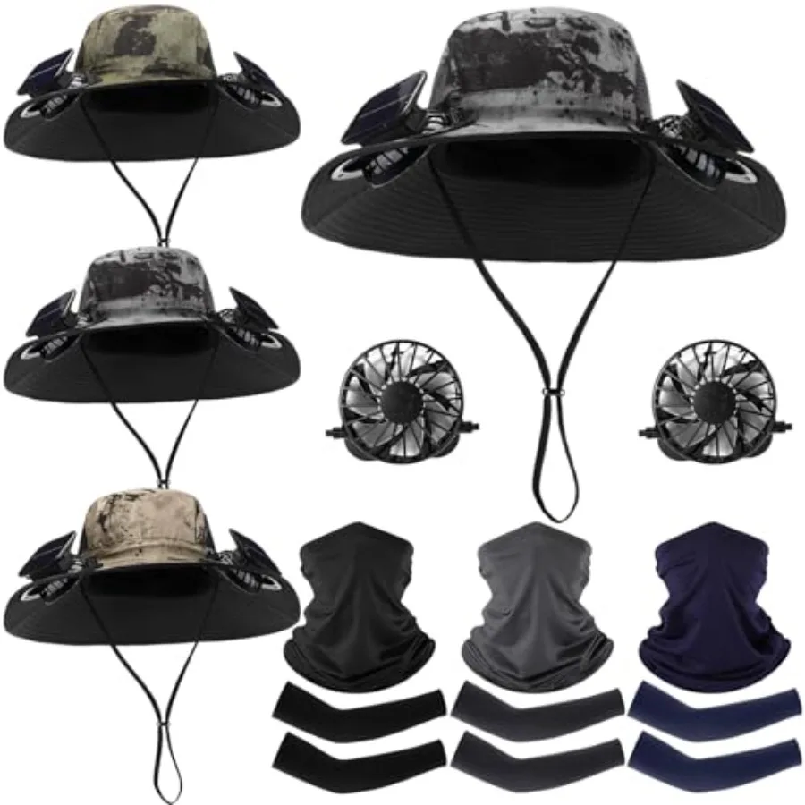 Outdoor fishing hat with wide brim, polyester fabric, black color, solar-powered USB fans and included arm sleeves neck gaiter
Outdoor fishing hat with wide brim, polyester fabric, black color, solar-powered USB fans and included arm sleeves neck gaiter