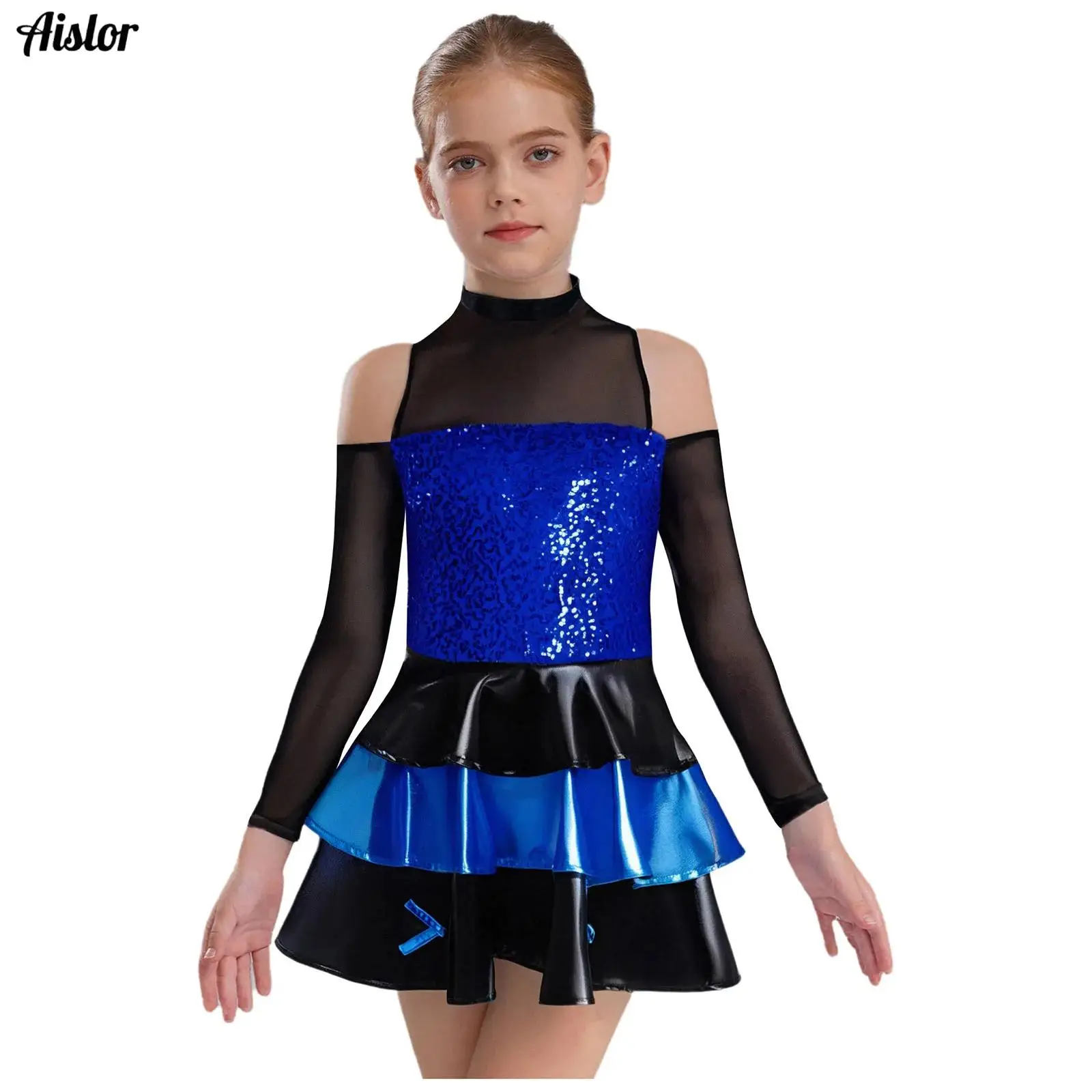 Kids Girls Jazz Dance Dress Mock Neck Long Sleeve Cold Shoulder Shiny Sequins Tiered Ruffled Dress Ballroom Lyrical Dancewear
Kids Girls Jazz Dance Dress Mock Neck Long Sleeve Cold Shoulder Shiny Sequins Tiered Ruffled Dress Ballroom Lyrical Dancewear
