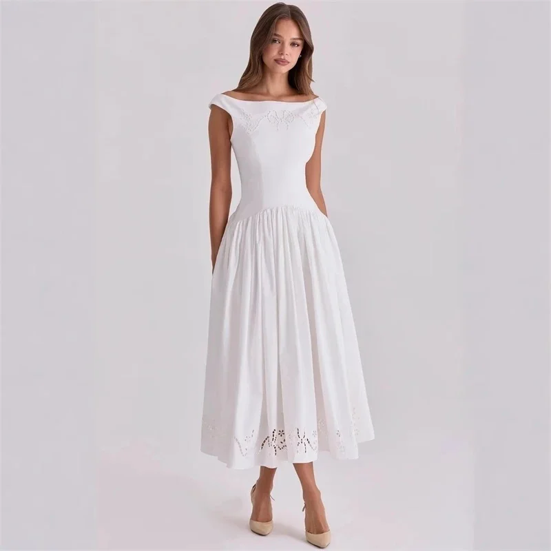 Elegant White Boat Neck White Midi Dress Embroidery Floral Cutwork Hem Pleated Waist A-line Skirt Retro Wedding Night Party Wear
Elegant White Boat Neck White Midi Dress Embroidery Floral Cutwork Hem Pleated Waist A-line Skirt Retro Wedding Night Party Wear