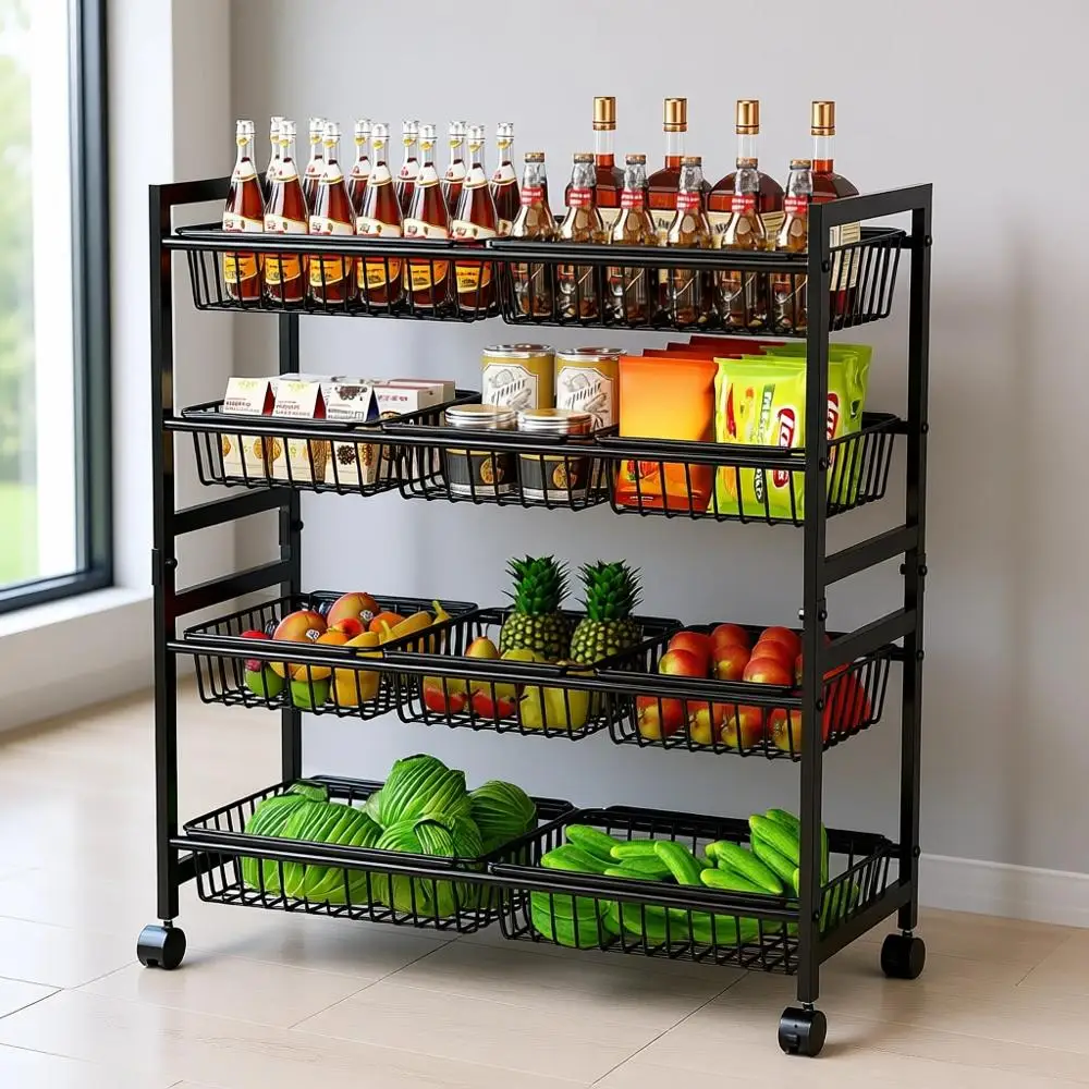 4-Tier Rolling Snack Cart with 10 Baskets, Adjustable Metal Rack, Kitchen Storage Organizer for Fruits & Vegetables (Black)
4-Tier Rolling Snack Cart with 10 Baskets, Adjustable Metal Rack, Kitchen Storage Organizer for Fruits & Vegetables (Black)