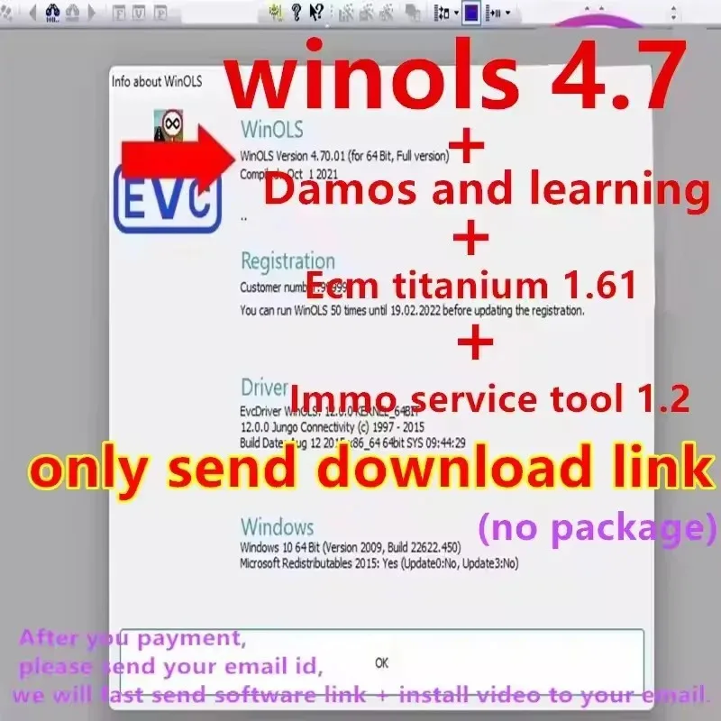 Winols 4.7 fully activated + 108 GB Damos Windows 7 10 11 No need for multilingual VMware + ECM TITANIUM 1.61 + SER tool.
Winols 4.7 fully activated + 108 GB Damos Windows 7 10 11 No need for multilingual VMware + ECM TITANIUM 1.61 + SER tool.