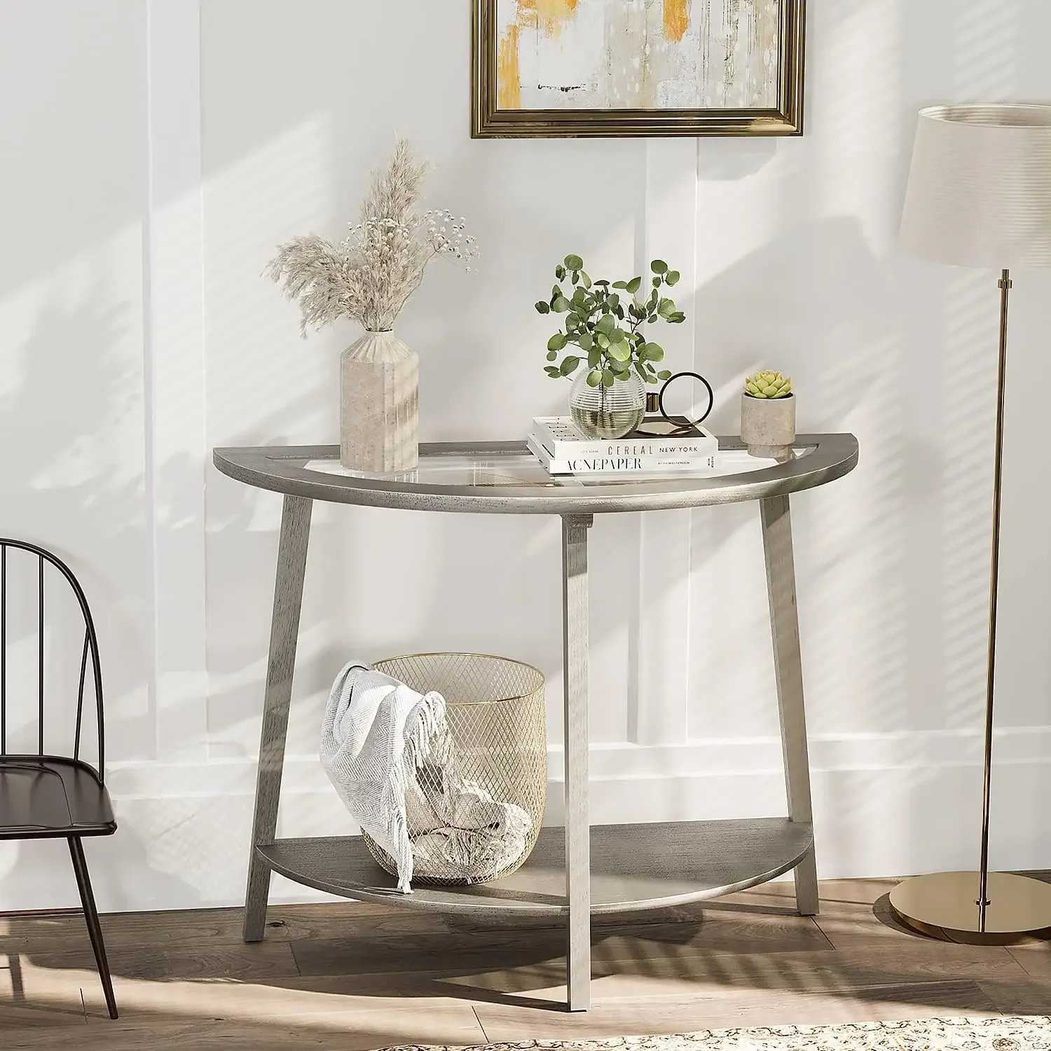 2-Tier Glass Console Table, Semi-Circular MDF Entryway Table with Storage Shelf, Modern Wood Sofa Side Table , Antique Silver
2-Tier Glass Console Table, Semi-Circular MDF Entryway Table with Storage Shelf, Modern Wood Sofa Side Table , Antique Silver