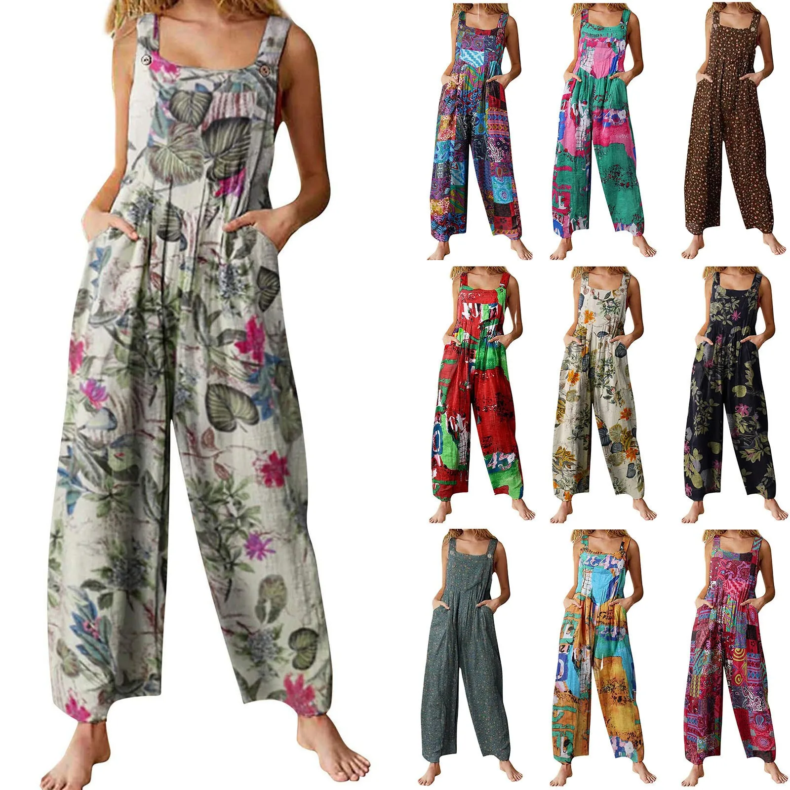 Women Jumpsuit Cotton Linen Straight Leg Romper Floral Print Square Neck Overalls Wide Leg Patchwork Print Long Jumpsuit
Women Jumpsuit Cotton Linen Straight Leg Romper Floral Print Square Neck Overalls Wide Leg Patchwork Print Long Jumpsuit