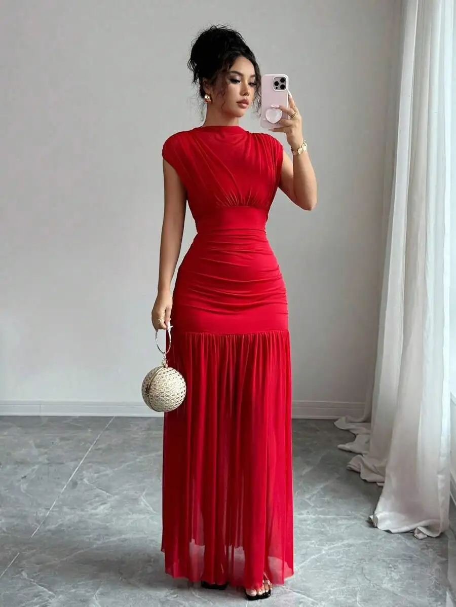 Solid Red Mock Neck Sleeveless Pleated A-Line Maxi Dress with Mesh Panel
Solid Red Mock Neck Sleeveless Pleated A-Line Maxi Dress with Mesh Panel