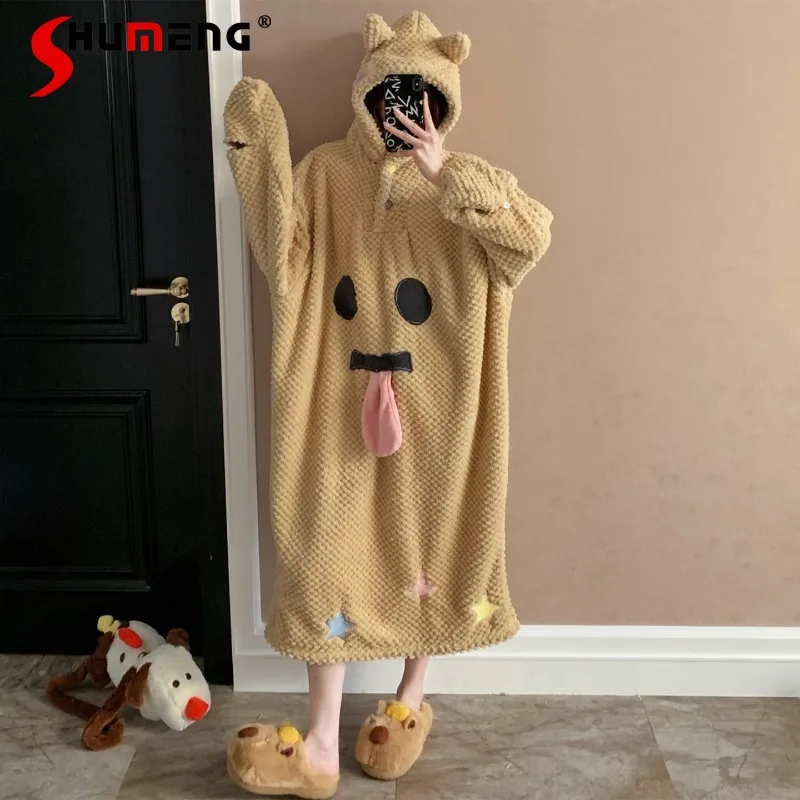 Свободная домашняя одежда с милым капюшоном из мультфильма для женщин, зимняя флисовая пижама в японском стиле, женская утолщенная теплая ночная рубашка с капюшоном
Свободная домашняя одежда с милым капюшоном из мультфильма для женщин, зимняя флисовая пижама в японском стиле, женская утолщенная теплая ночная рубашка с капюшоном