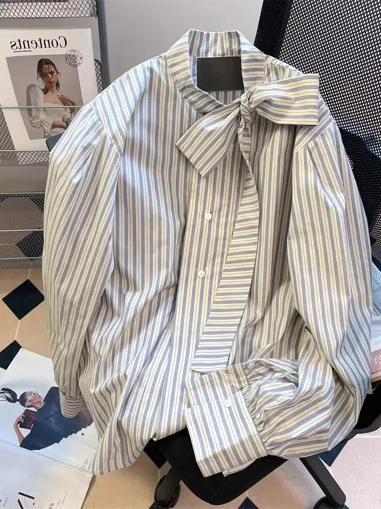 Elegant Knot Tie Dotted Striped Shirt Women Early Spring Korean Long Sleeve Lazy Style Chic Top
Elegant Knot Tie Dotted Striped Shirt Women Early Spring Korean Long Sleeve Lazy Style Chic Top