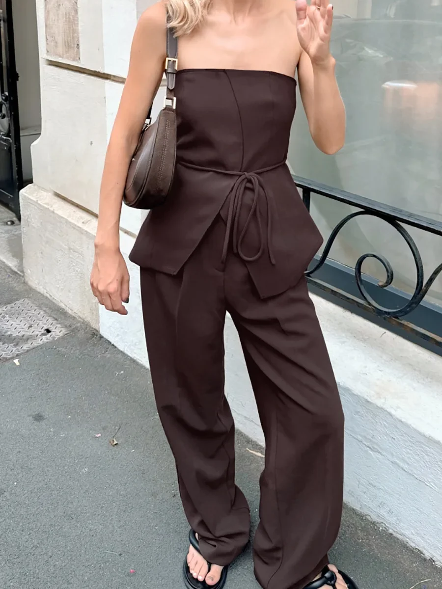 Slim Lace-up Split Tube Top Pants Set Women's Sexy Strapless Backless Vest Loose Wide Leg Trousers 2025 Autumn New Lady Outfits
Slim Lace-up Split Tube Top Pants Set Women's Sexy Strapless Backless Vest Loose Wide Leg Trousers 2025 Autumn New Lady Outfits