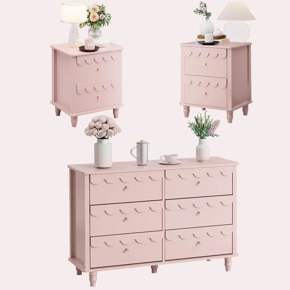 3-Piece Pink Scalloped Bedroom Furniture Set with 2 Drawer Dresser and Nightstand
3-Piece Pink Scalloped Bedroom Furniture Set with 2 Drawer Dresser and Nightstand