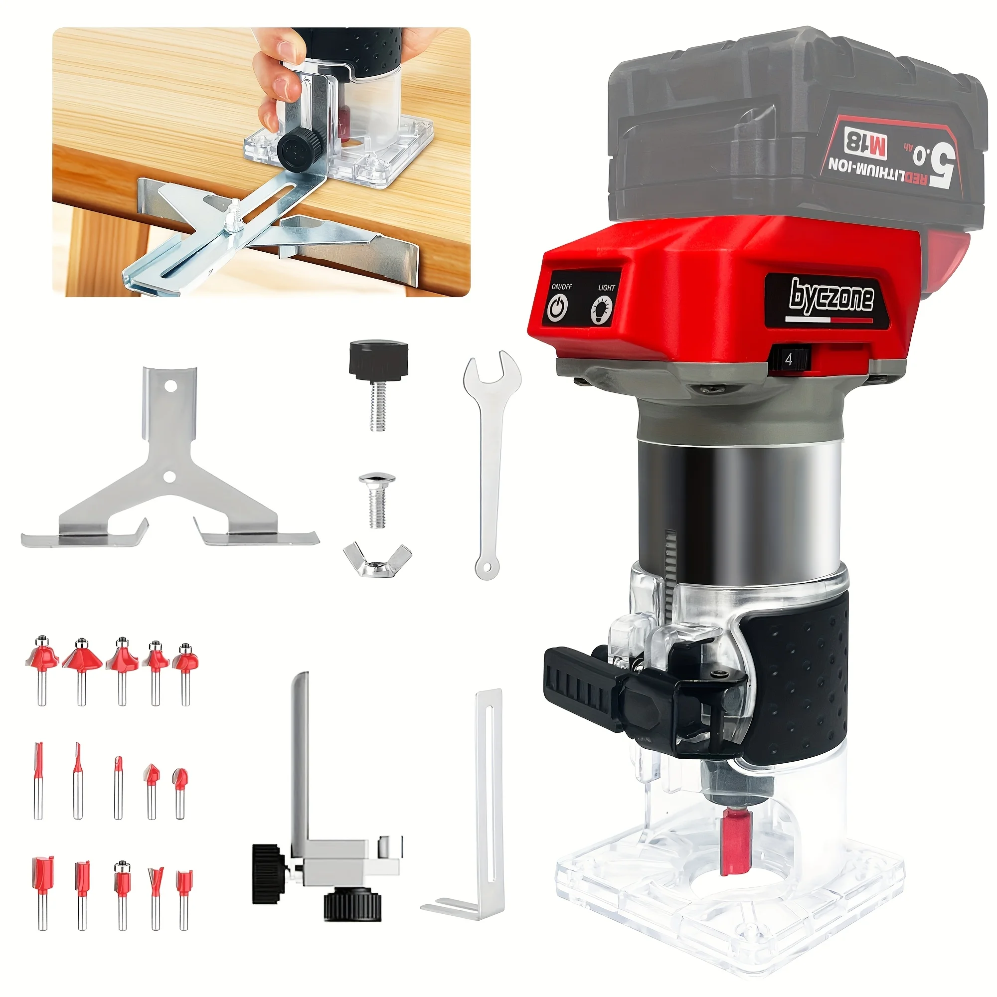800W Wood Router Compatible with 18V Battery, 30000 RPM Brushless Motor Router Attach 12pcs 1/4" Router Bits, 6-Speed Hand Trim Router, Edge Guide, Roller Guide, (NO Battery, Machine Solely)
800W Wood Router Compatible with 18V Battery, 30000 RPM Brushless Motor Router Attach 12pcs 1/4" Router Bits, 6-Speed Hand Trim Router, Edge Guide, Roller Guide, (NO Battery, Machine Solely)