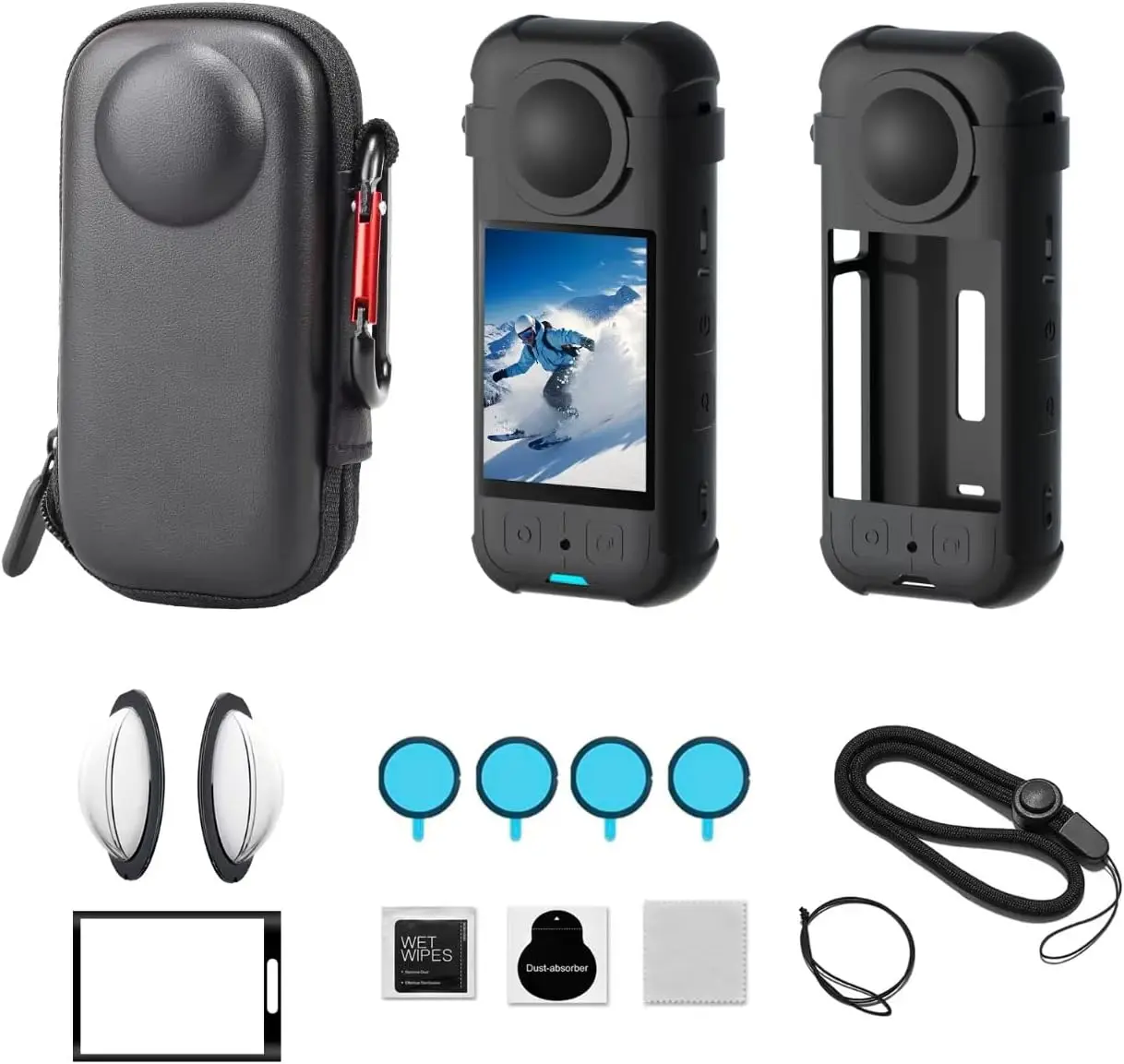 Insta 360 X3 Camera Protective Kit: Case, Silicone Cover, Lens Guards, Screen Glass
Insta 360 X3 Camera Protective Kit: Case, Silicone Cover, Lens Guards, Screen Glass