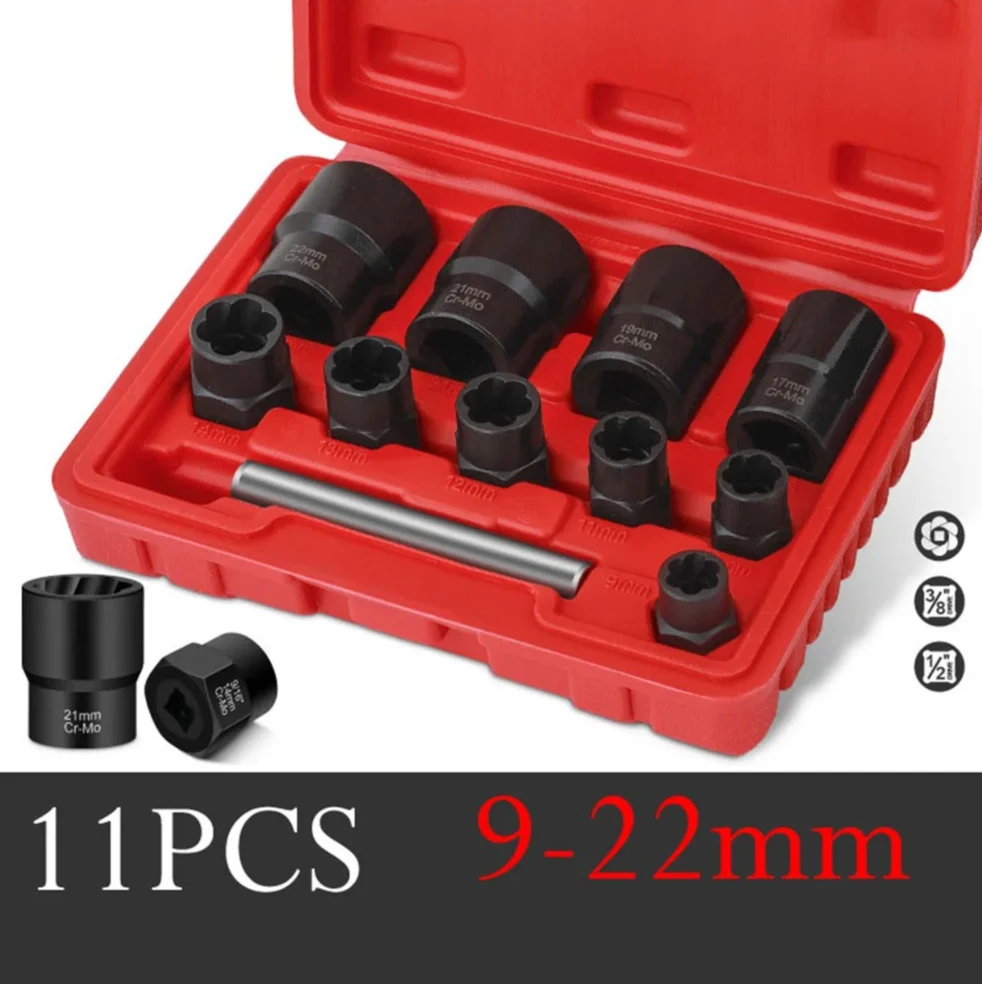 11 Pieces for For impact Driver Nut Bolt Extractor Socket Lug Nut Remover Set with 38 Inch Square Drive and 12 Inch Hex Adapter
11 Pieces for For impact Driver Nut Bolt Extractor Socket Lug Nut Remover Set with 38 Inch Square Drive and 12 Inch Hex Adapter