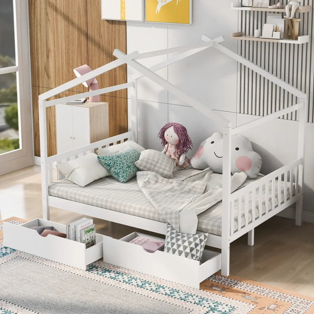 Modern Full Size House Bed with Two Drawers for Kids, Solid Wood Platform Bed for Living Room, White Children Beds
Modern Full Size House Bed with Two Drawers for Kids, Solid Wood Platform Bed for Living Room, White Children Beds