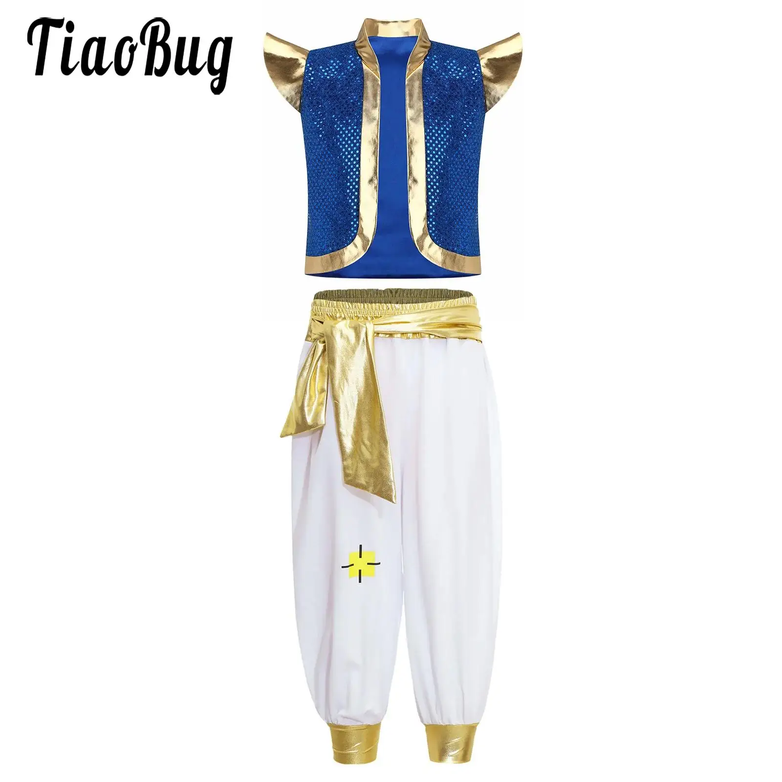 Kids Boys Mythical Prince Aladins Carnival Cosplay Outfit Sleeveless Sequins Vest Pants Halloween Party Arabian Prince Role Play
Kids Boys Mythical Prince Aladins Carnival Cosplay Outfit Sleeveless Sequins Vest Pants Halloween Party Arabian Prince Role Play