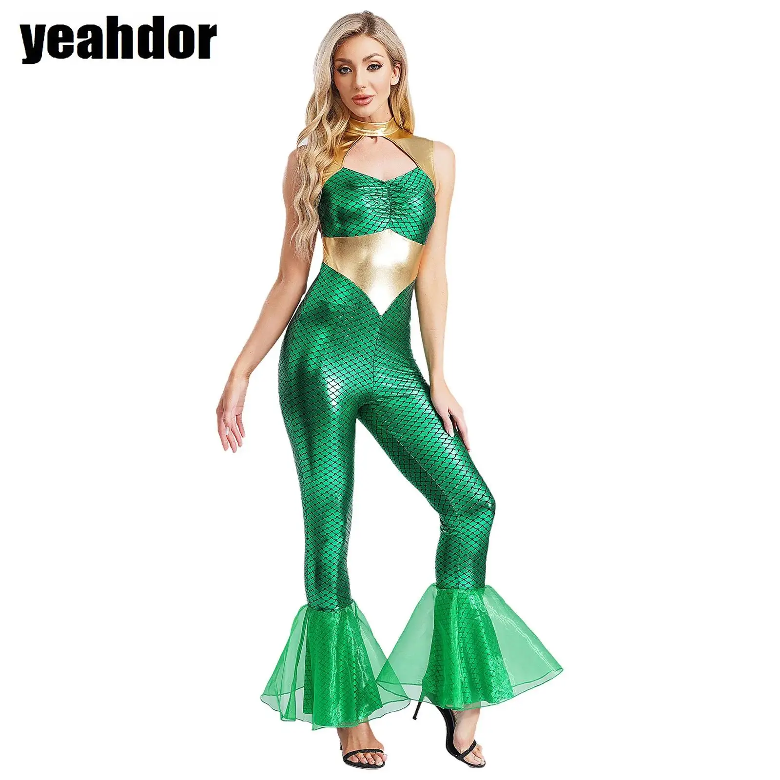 Women Mermaid Cosplay Costume Sleeveless Mock Neck Cutout Metallic Mermaid Jumpsuit Fish Scales Patchwork Flared Pants Bodysuit
Women Mermaid Cosplay Costume Sleeveless Mock Neck Cutout Metallic Mermaid Jumpsuit Fish Scales Patchwork Flared Pants Bodysuit
