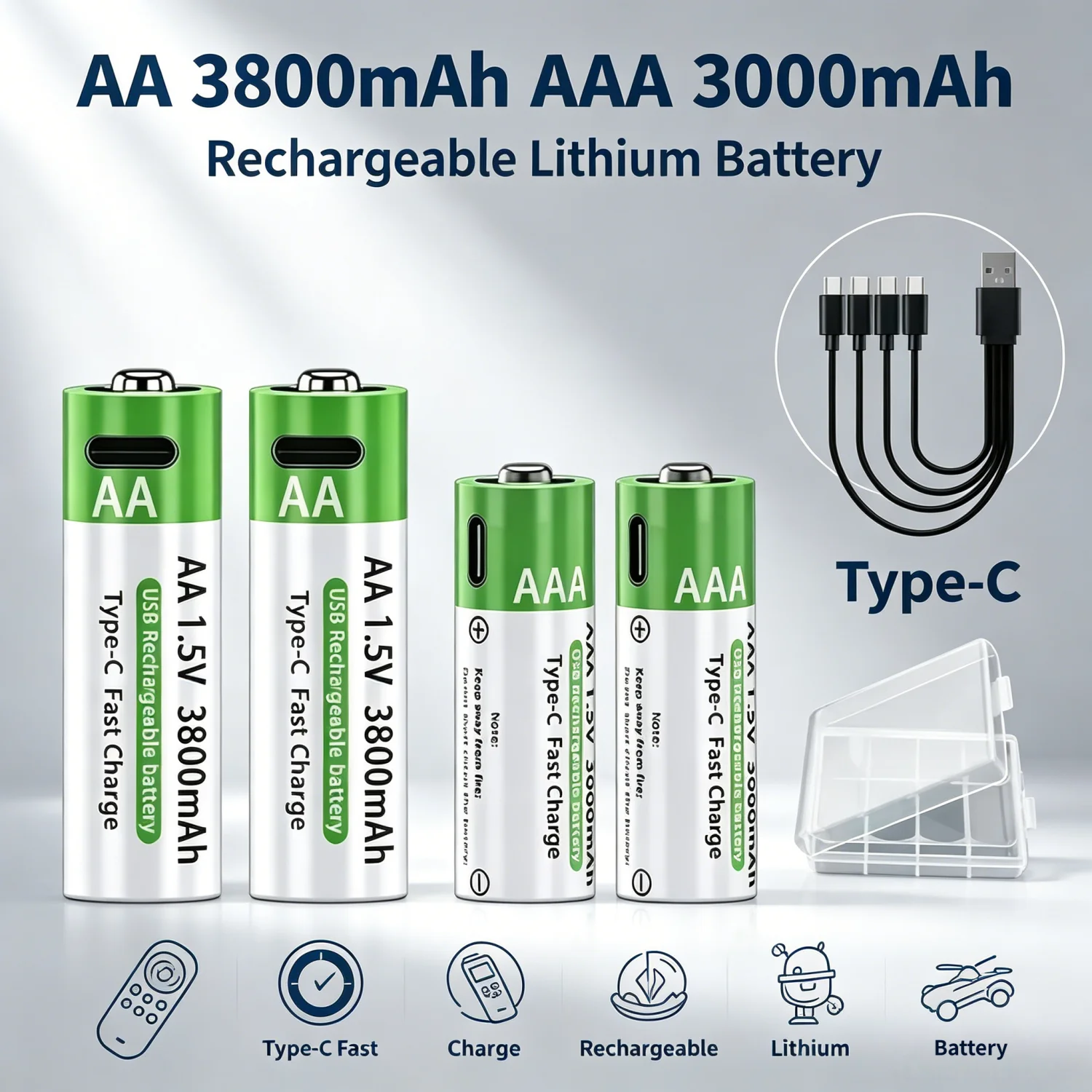 AA 3800mAh AAA 3000mAh Rechargeable Lithium Battery w/ Type-C Charging Cable Box for Remote Mouse Electric Toy Daily Electronics
AA 3800mAh AAA 3000mAh Rechargeable Lithium Battery w/ Type-C Charging Cable Box for Remote Mouse Electric Toy Daily Electronics