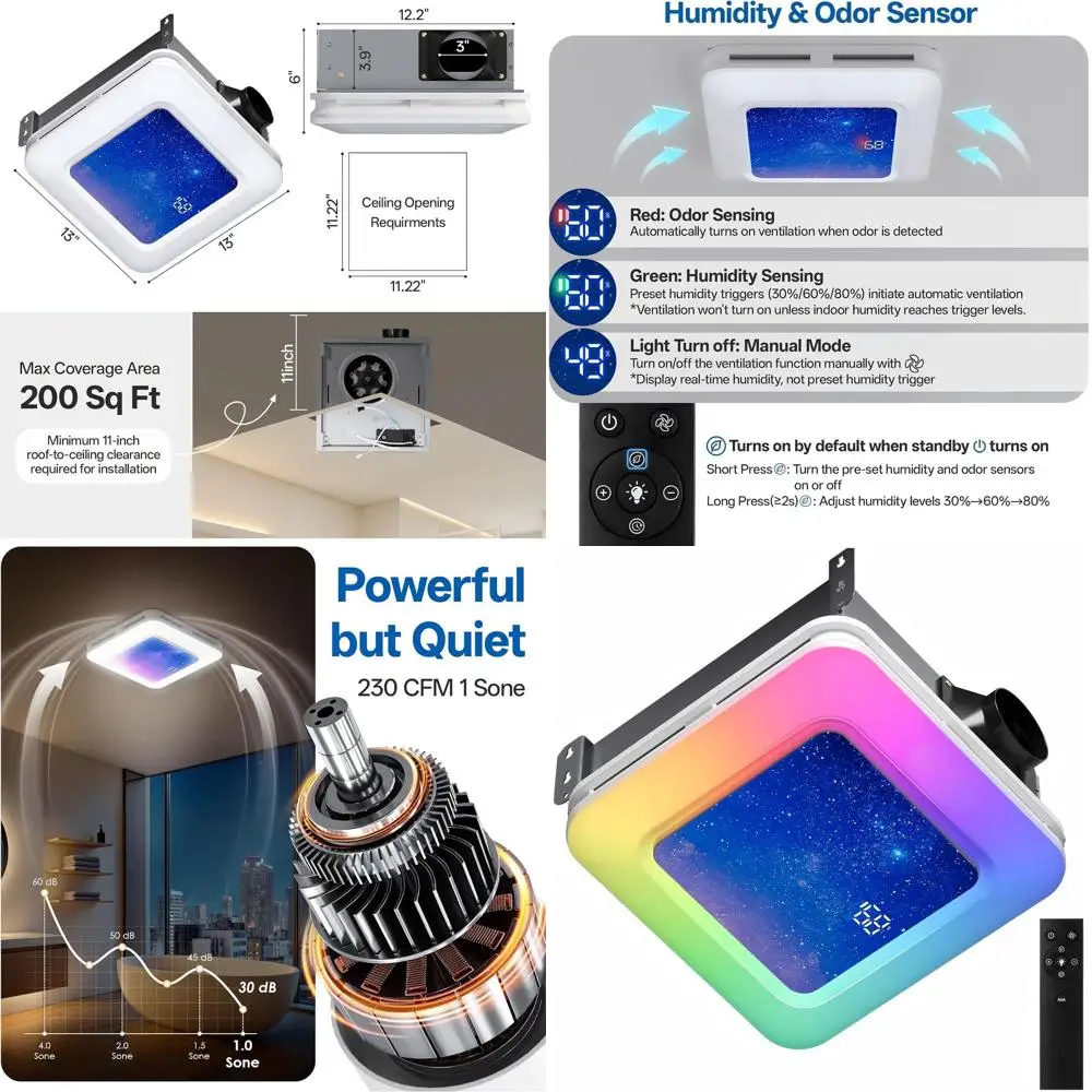 230 CM 1.0 Sone Bathroom Exhaust Fan with 3-Light and 3CCT Adjustable Lighting, 11.22” x 11.22” Mount, Remote Control
230 CM 1.0 Sone Bathroom Exhaust Fan with 3-Light and 3CCT Adjustable Lighting, 11.22” x 11.22” Mount, Remote Control