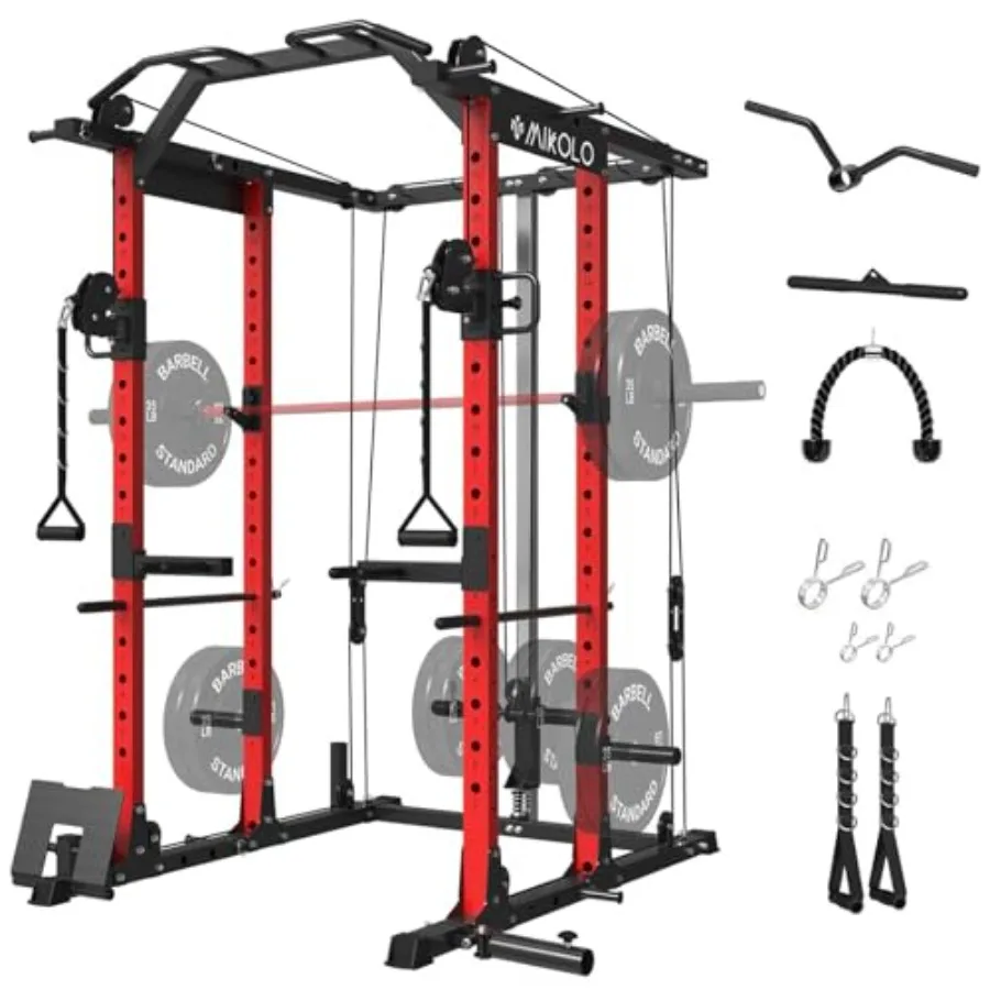 Home gym power cage with steel construction, black finish, 1500LBS capacity, integrated cable crossover and LAT pull-down pulle
Home gym power cage with steel construction, black finish, 1500LBS capacity, integrated cable crossover and LAT pull-down pulle