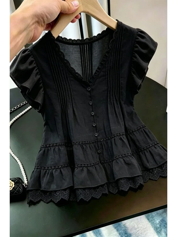 Retro Black Lace Shirt Women's Flounce Summer Anti-Aging Top Commute Style Korean Loose Fit V-Neck Button-Up Pure Color
Retro Black Lace Shirt Women's Flounce Summer Anti-Aging Top Commute Style Korean Loose Fit V-Neck Button-Up Pure Color