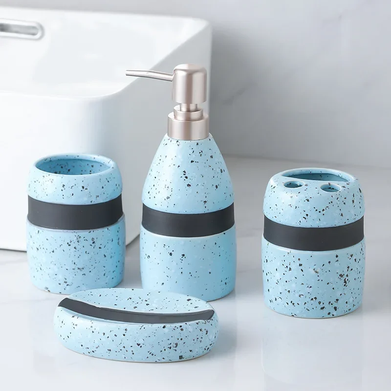 Household washing kit sub-packaged high-value, creative light blue bathroom lotion bottle soap dish ceramic four-piece set
Household washing kit sub-packaged high-value, creative light blue bathroom lotion bottle soap dish ceramic four-piece set