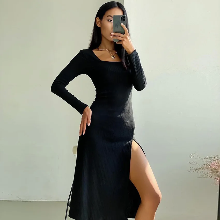 Elegant Midi Autumn Winter Ladies Bodycon Split Long Sleeve Ribbed Vestidos Casual Women Dresses Sexy Solid Knitted Dress
Elegant Midi Autumn Winter Ladies Bodycon Split Long Sleeve Ribbed Vestidos Casual Women Dresses Sexy Solid Knitted Dress