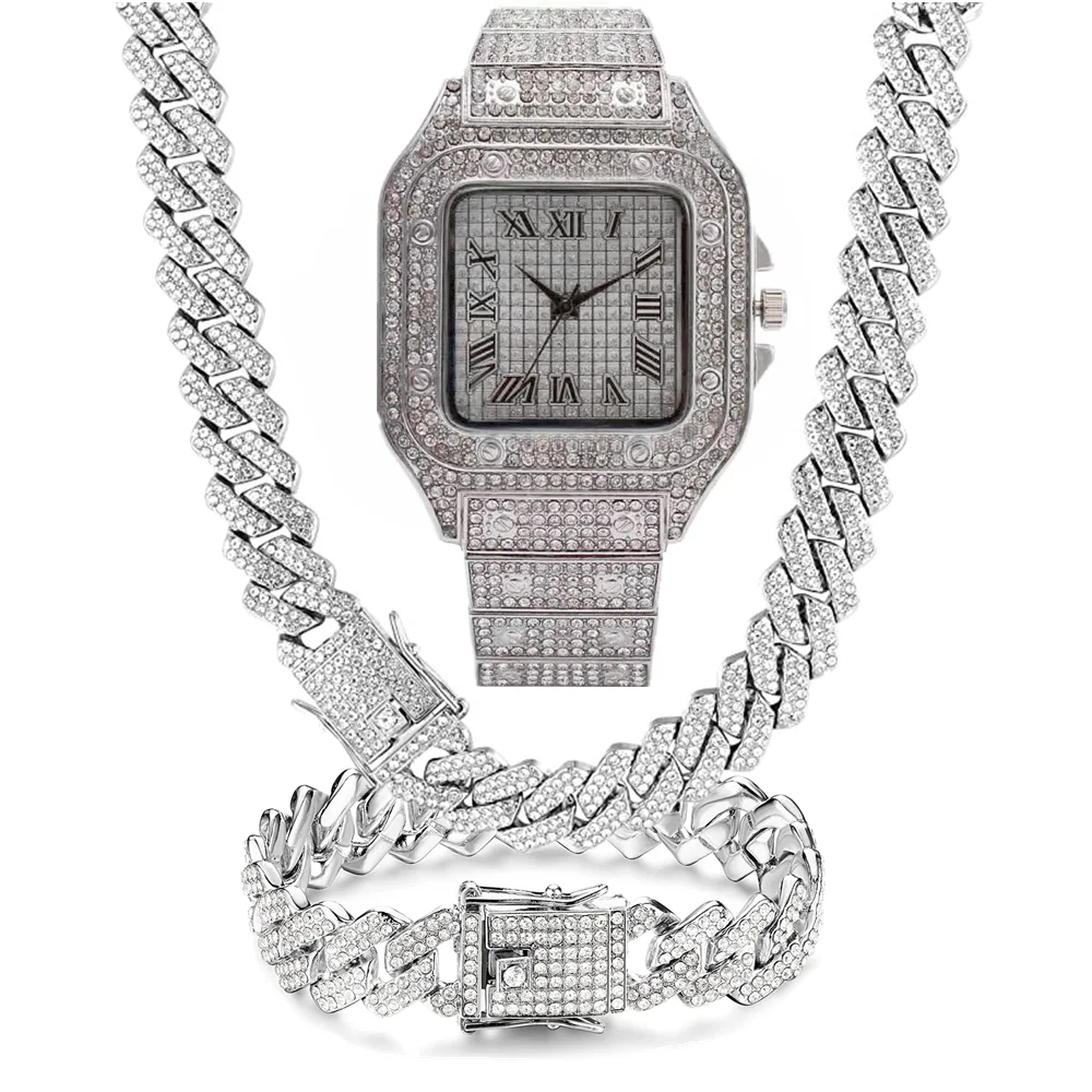 3PCS Fashion Jewelry Set 15MM Bling Iced Out Cuban Necklace Square Watch Bracelet For Women Holiday Birthday Gifts Daily Wear
3PCS Fashion Jewelry Set 15MM Bling Iced Out Cuban Necklace Square Watch Bracelet For Women Holiday Birthday Gifts Daily Wear