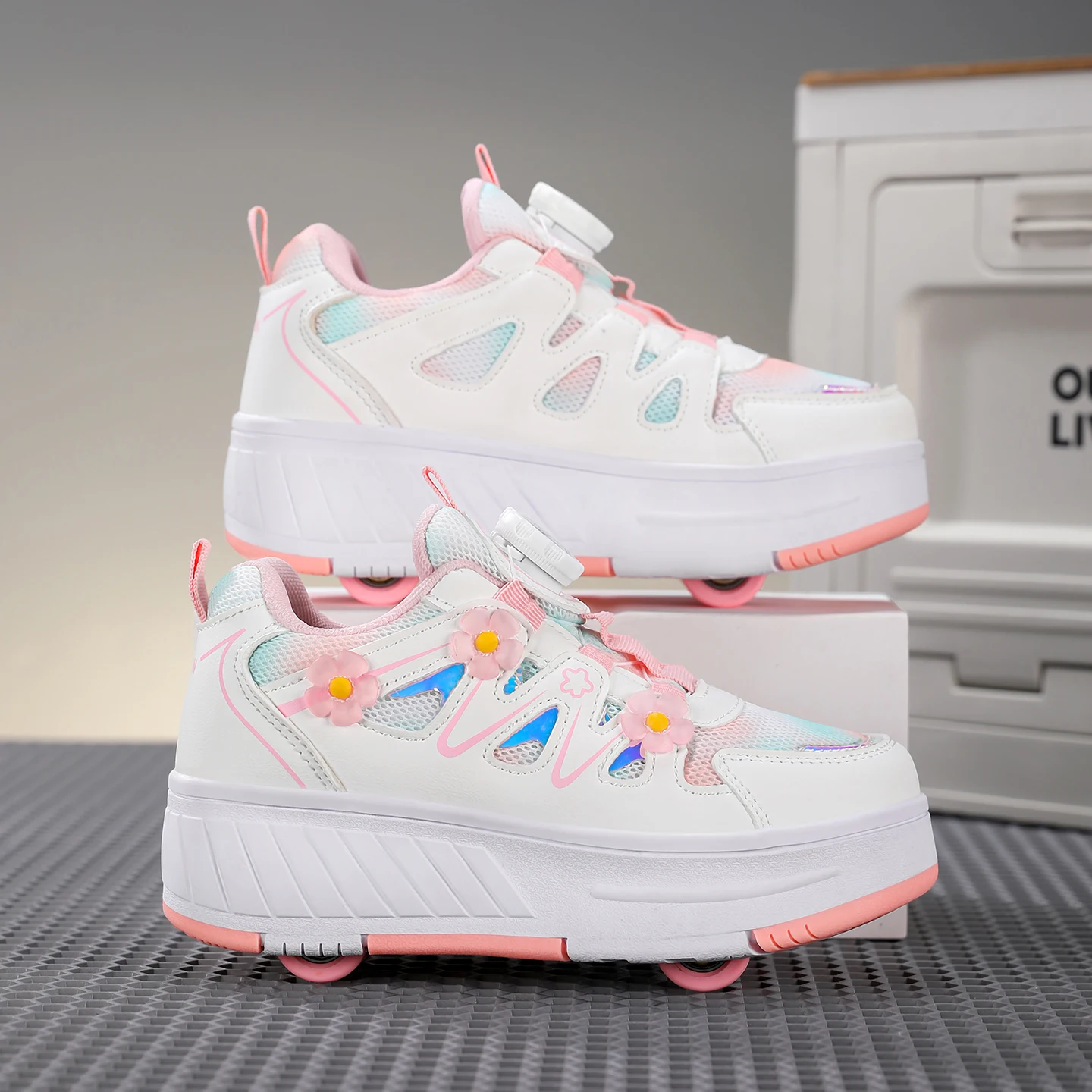 Kids Girls 4 Wheels Roller Skate Shoes Breathable Mesh Flower Rotary Buckle Walk & Roll Casual Sneakers
Kids Girls 4 Wheels Roller Skate Shoes Breathable Mesh Flower Rotary Buckle Walk & Roll Casual Sneakers