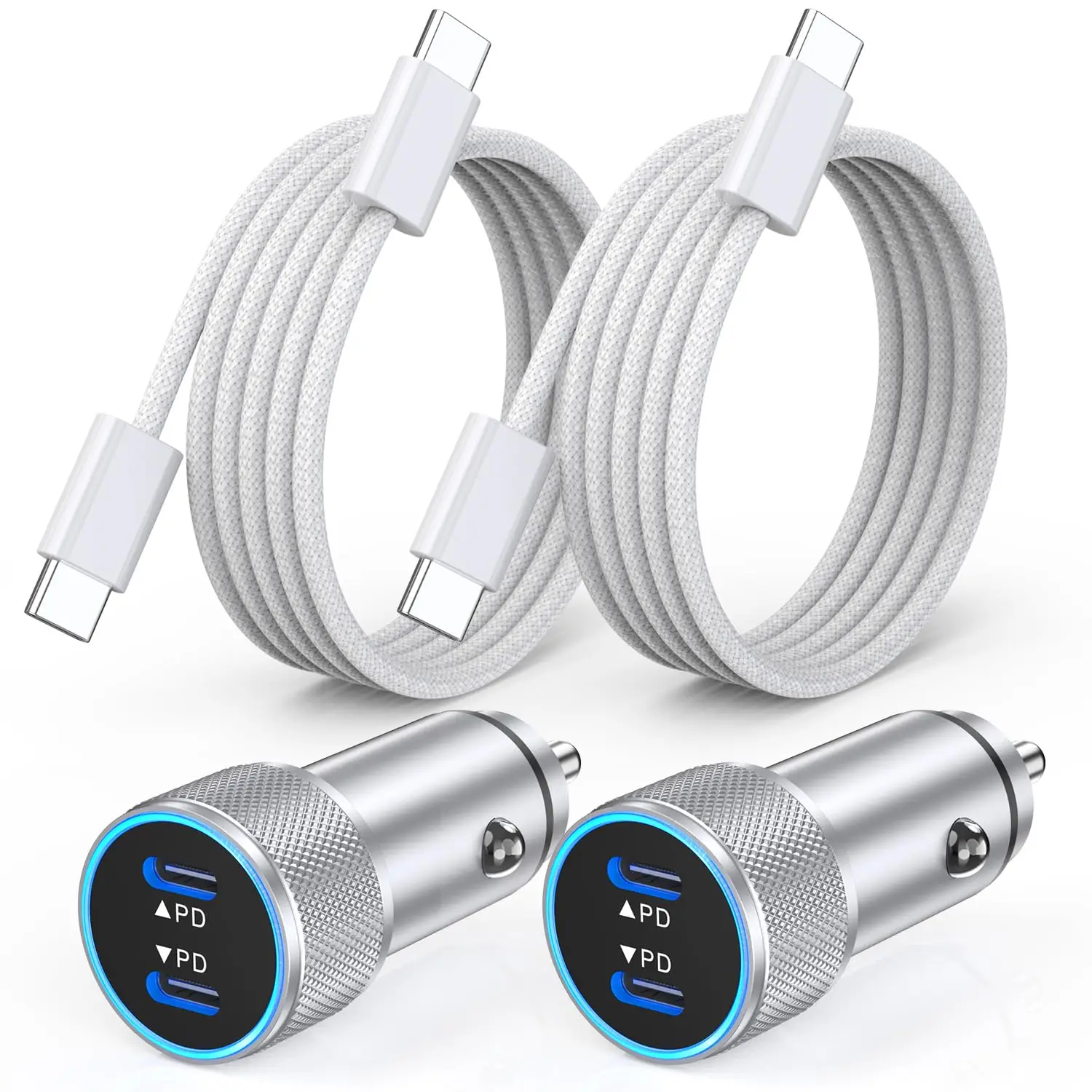 2-Pack Dual USB-C Fast Car Charger with Nylon Braided Cables for iPhone 17/16/Pro/iPad
2-Pack Dual USB-C Fast Car Charger with Nylon Braided Cables for iPhone 17/16/Pro/iPad