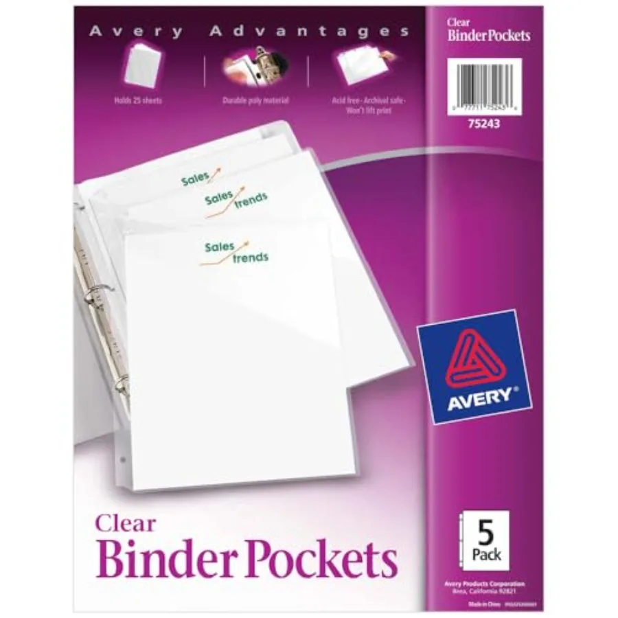 Binder Pockets for 3 Ring Binders, Clear, for 8.5" x 11" Documents, Acid-Free and Archival-Safe, 5 Binder Folders Total 75243
Binder Pockets for 3 Ring Binders, Clear, for 8.5" x 11" Documents, Acid-Free and Archival-Safe, 5 Binder Folders Total 75243