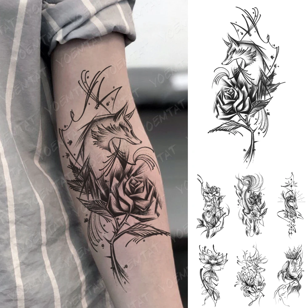 Waterproof Temporary Tattoo Sticker Sexy Black Rose Japanese Fox Line Leaf Arm Back Flash Tatoo Fake Tattoos Women Body Art Men
Waterproof Temporary Tattoo Sticker Sexy Black Rose Japanese Fox Line Leaf Arm Back Flash Tatoo Fake Tattoos Women Body Art Men