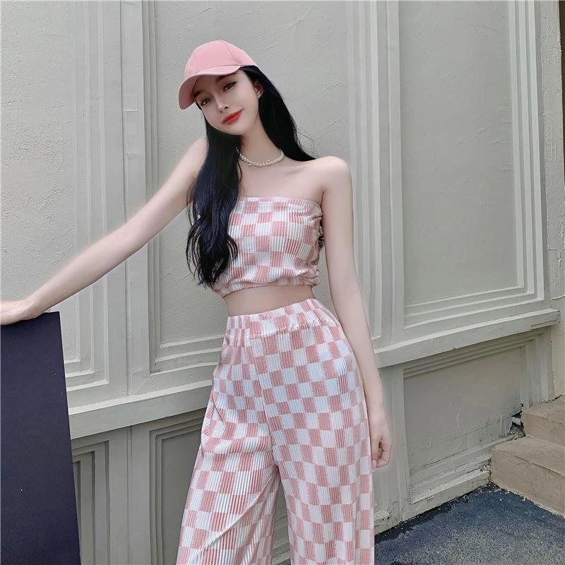 Sexy Plaid Wrap Top And High Waist Wide Leg Pants Two Piece Set Women's Outerwear Casual Korean Style Summer Outfit
Sexy Plaid Wrap Top And High Waist Wide Leg Pants Two Piece Set Women's Outerwear Casual Korean Style Summer Outfit