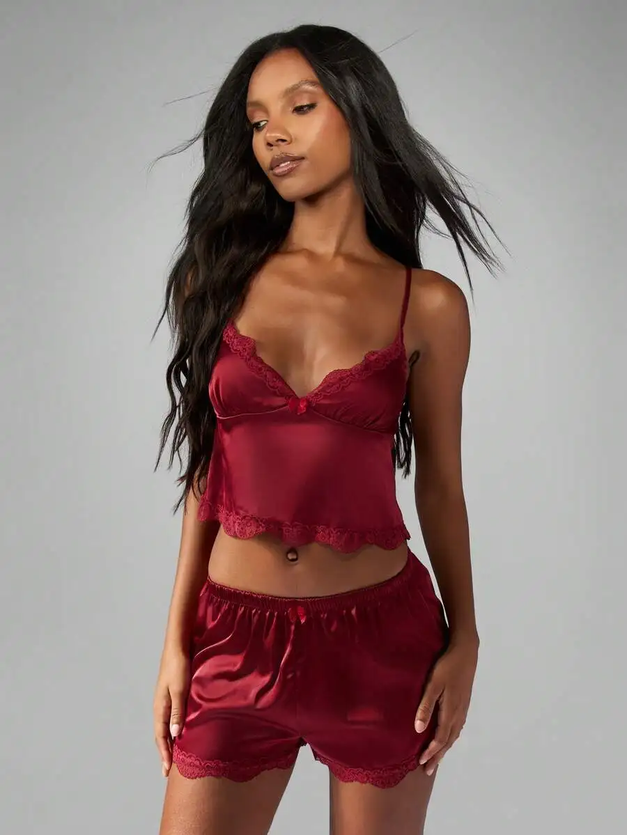 Satin Lace Trim Camisole Pajama Set Sweetheart Neckline Short Sleepwear Loungewear
Satin Lace Trim Camisole Pajama Set Sweetheart Neckline Short Sleepwear Loungewear