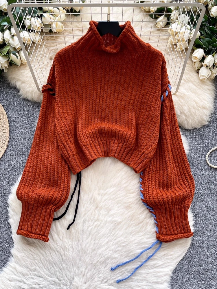 Модные винтажные пуловеры, водолазка с длинным рукавом, бандажный дизайн, короткие свитера, вязаные топы в ленивом стиле, универсальная женская одежда
Модные винтажные пуловеры, водолазка с длинным рукавом, бандажный дизайн, короткие свитера, вязаные топы в ленивом стиле, универсальная женская одежда