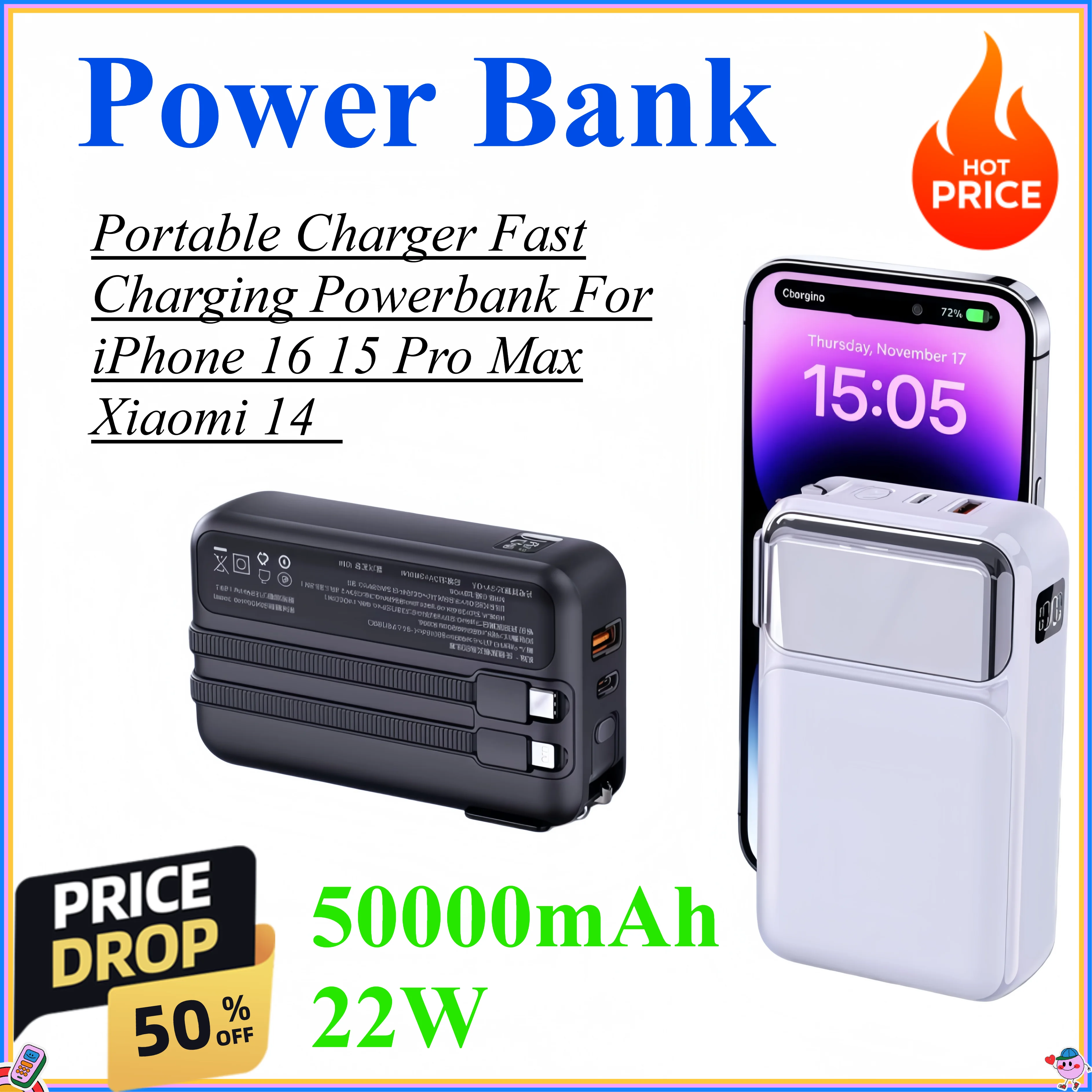 50000mAh 22W Power Bank Portable Charger Fast Charging Powerbank For iPhone 16 15 Pro Max Xiaomi 14 External Battery
50000mAh 22W Power Bank Portable Charger Fast Charging Powerbank For iPhone 16 15 Pro Max Xiaomi 14 External Battery