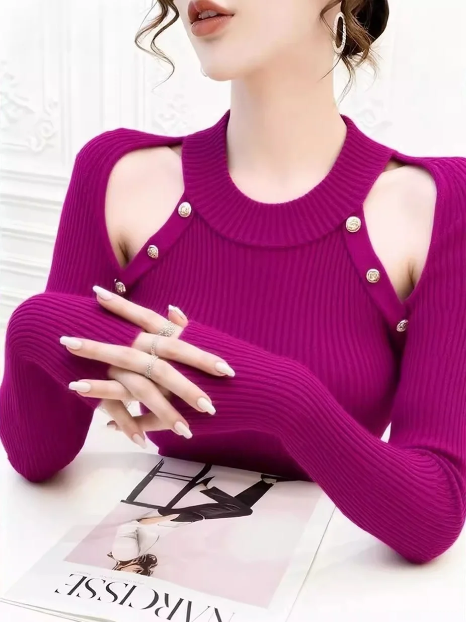 Elegant Purple Hollow out Knitted Sweater Women's Autumn Winter Slim Fit Shoulder Bared Base Shirt Korean Style Long Sleeve
Elegant Purple Hollow out Knitted Sweater Women's Autumn Winter Slim Fit Shoulder Bared Base Shirt Korean Style Long Sleeve