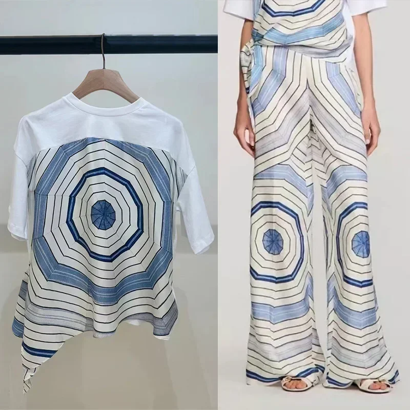 Women Geometric Printing T-Shirt Side Tie Round Neck Short Sleeve Tee or Loose Long Flared Pants Set for Female Summer
Women Geometric Printing T-Shirt Side Tie Round Neck Short Sleeve Tee or Loose Long Flared Pants Set for Female Summer