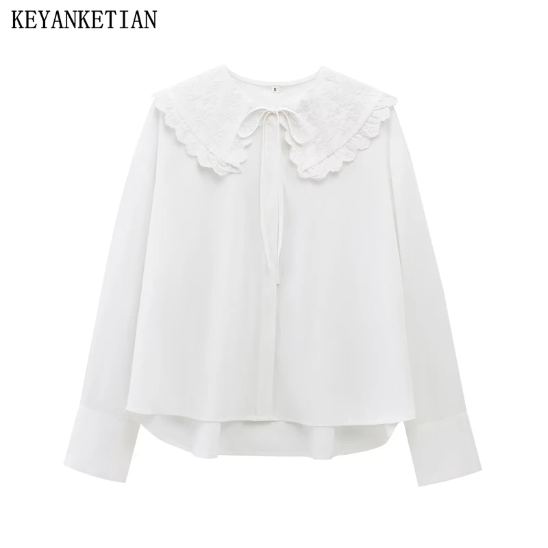 KEYANKETIAN 2025 Spring New Women's Bow doll collar Embroidered blouse Sweet style Covered Button Asymmetrical Shirt Loose Top
KEYANKETIAN 2025 Spring New Women's Bow doll collar Embroidered blouse Sweet style Covered Button Asymmetrical Shirt Loose Top