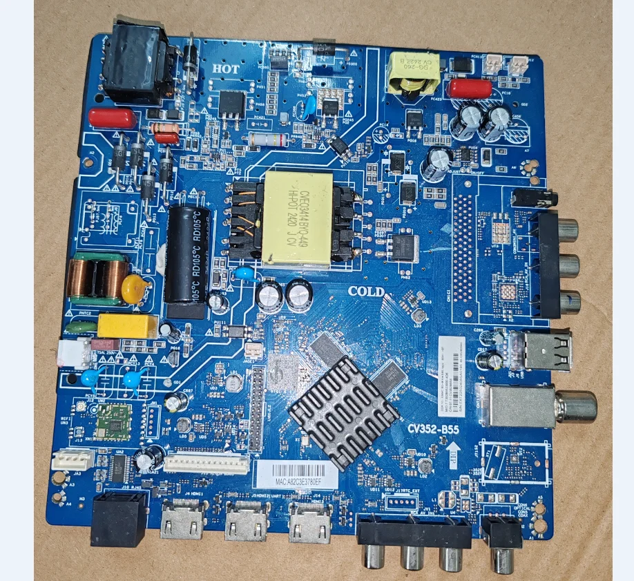 CV352-B55 Three in one WiFi network TV motherboard, physical photo, tested for 60--180V 600ma 1g+8G
CV352-B55 Three in one WiFi network TV motherboard, physical photo, tested for 60--180V 600ma 1g+8G
