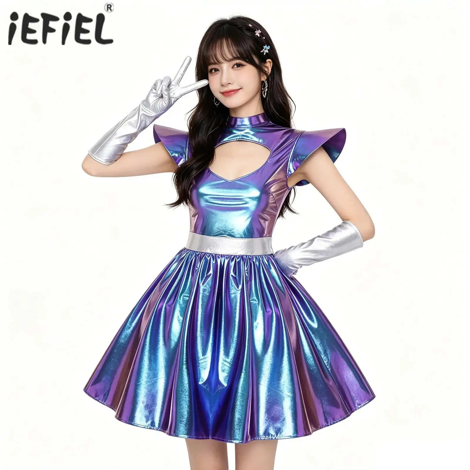 Womens Alien Astronaut Outer Space Themed Party Carnival Cosplay Costume Metallic Shiny A-line Alien Robbot Dress with Gloves
Womens Alien Astronaut Outer Space Themed Party Carnival Cosplay Costume Metallic Shiny A-line Alien Robbot Dress with Gloves