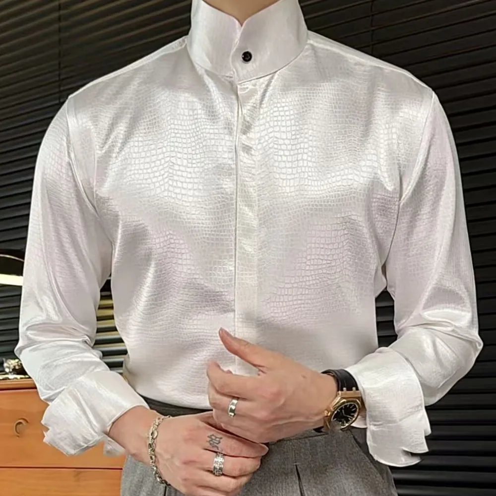 Мужская рубашка с воротником-стойкой, офисная рубашка с длинным рукавом, уличная рубашка с леопардовым принтом, деловая рубашка, мужская рубашка Camisa Social Masculina 
Мужская рубашка с воротником-стойкой, офисная рубашка с длинным рукавом, уличная рубашка с леопардовым принтом, деловая рубашка, мужская рубашка Camisa Social Masculina