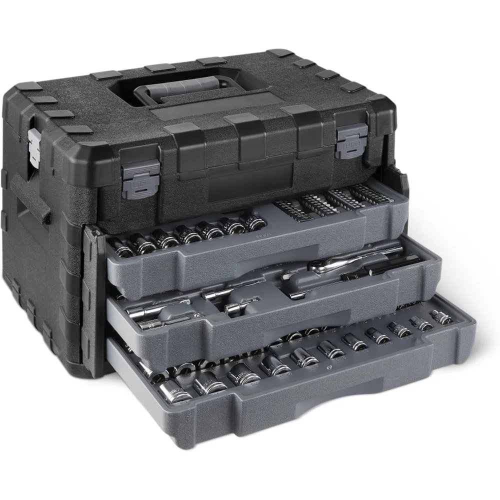 287 Piece Mechanics Tool Kit with Sockets Ratchets Wrenches 1 4 3 8 1 2 Inch Quick Release Metric SAE in 3 Drawer Case
287 Piece Mechanics Tool Kit with Sockets Ratchets Wrenches 1 4 3 8 1 2 Inch Quick Release Metric SAE in 3 Drawer Case