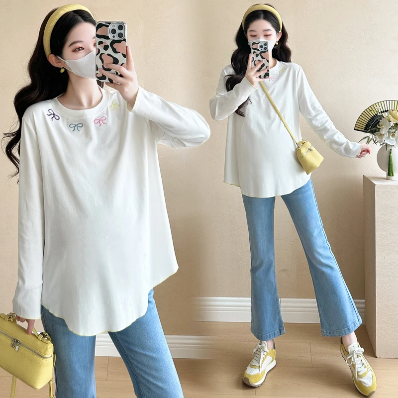 25SS весенние корейские модные хлопковые футболки для беременных с вышивкой и бантом, свободные футболки с длинными рукавами для беременных, топы для беременных
25SS весенние корейские модные хлопковые футболки для беременных с вышивкой и бантом, свободные футболки с длинными рукавами для беременных, топы для беременных