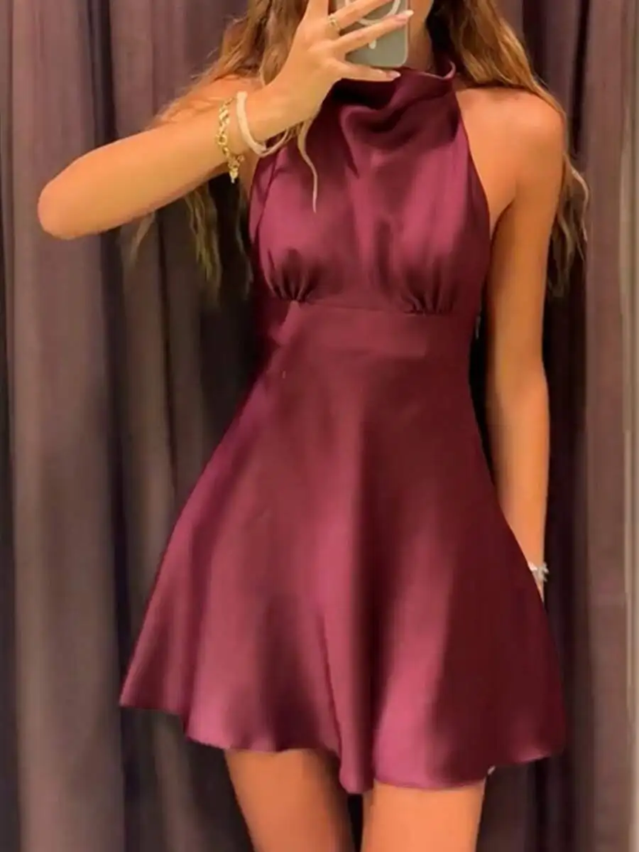 Womens Satin Halter Neck Sleeveless Mini Dress With Cinched Waist For Evening Party
Womens Satin Halter Neck Sleeveless Mini Dress With Cinched Waist For Evening Party