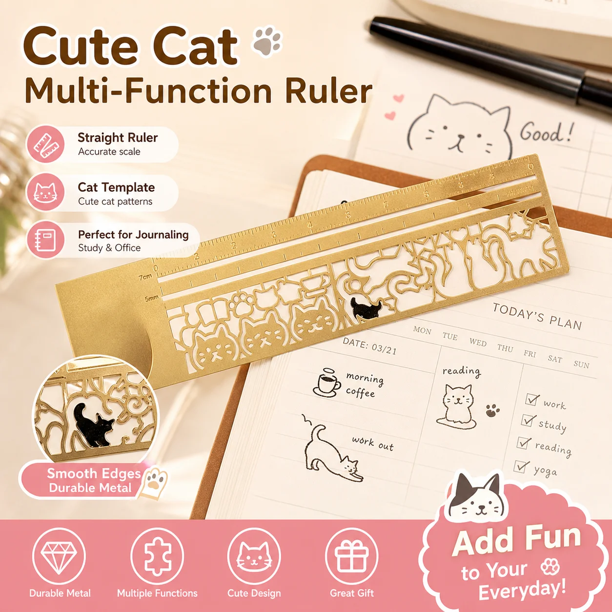 Fromthenon Cute Cat Stencil Ruler Brass Hollow Measuring Straight Ruler for Journal Planner Scrapbooking Notebook Decor Lovers
Fromthenon Cute Cat Stencil Ruler Brass Hollow Measuring Straight Ruler for Journal Planner Scrapbooking Notebook Decor Lovers