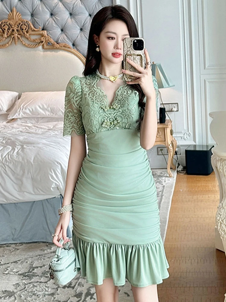 Women's Clothing Sweet Gentle Chic Party Dress Ladies Sexy Sheer Lace Shirring Bodycon Fishtail Gown Female Prom Club Vestidos
Women's Clothing Sweet Gentle Chic Party Dress Ladies Sexy Sheer Lace Shirring Bodycon Fishtail Gown Female Prom Club Vestidos