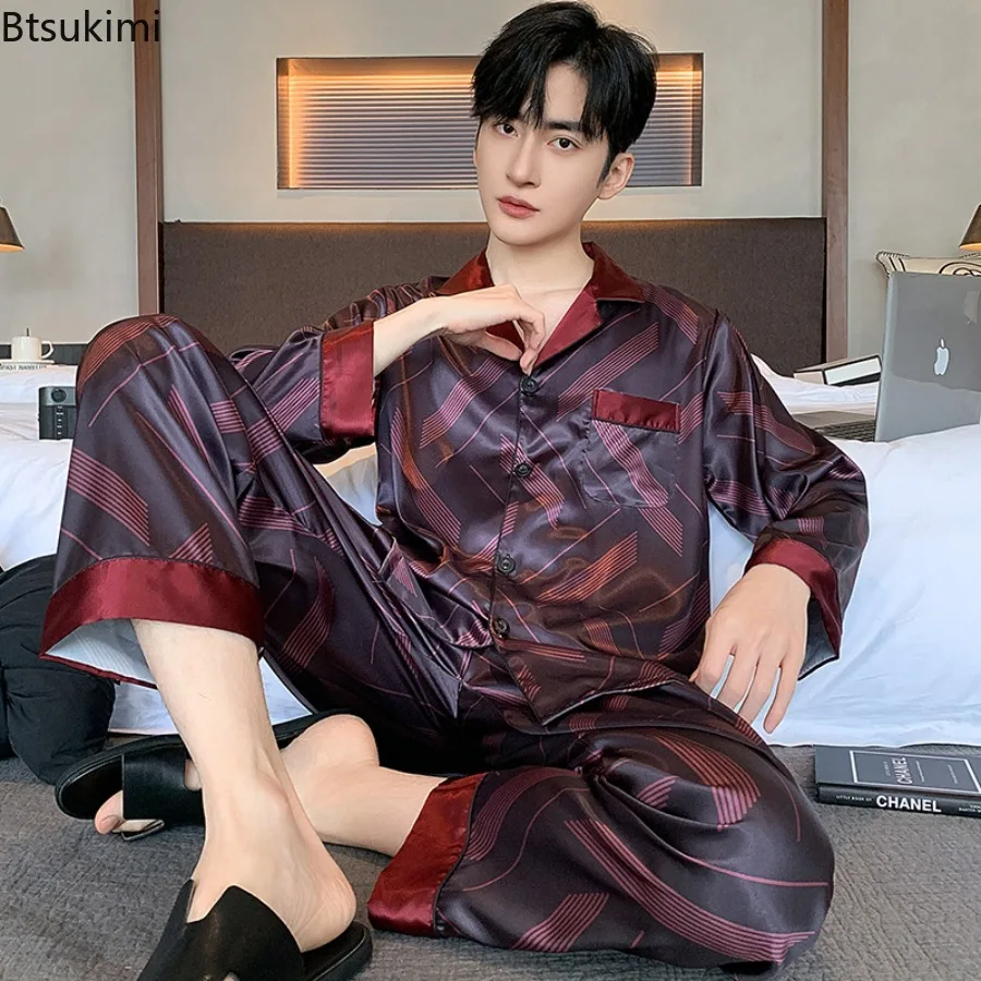 Men's Summer Pajamas Suit Sets Spring Autumn Ice Silk Long Sleeve Cardigan and Pants Outdoor Satin Sleepwear Male Home Clothes
Men's Summer Pajamas Suit Sets Spring Autumn Ice Silk Long Sleeve Cardigan and Pants Outdoor Satin Sleepwear Male Home Clothes
