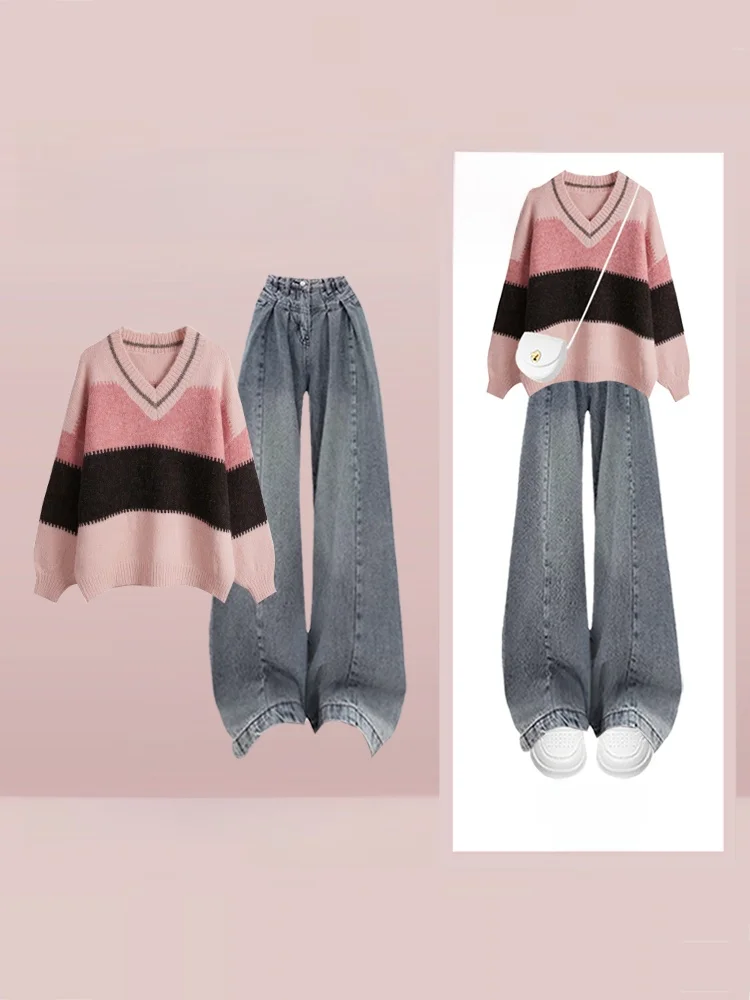 Корейский свободный вязаный свитер с высокой талией, широкие джинсы, комплект из двух предметов, зимний модный V Ne Long Sve, полосатый узор
Корейский свободный вязаный свитер с высокой талией, широкие джинсы, комплект из двух предметов, зимний модный V Ne Long Sve, полосатый узор